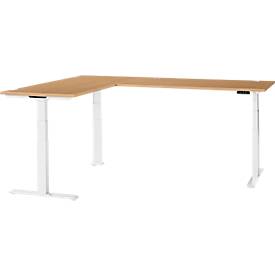 Schäfer Shop Genius Winkelschreibtisch Modena Flex, elektrisch höhenverstellbar, 90° Winkel beidseitig, B 2000 x T 2400 mm, Buche/weiß