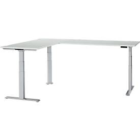 Schäfer Shop Genius Winkelschreibtisch Modena Flex, elektrisch höhenverstellbar, 90° Winkel beidseitig, B 2000 x T 2400 mm, lichtgrau/weißaluminium