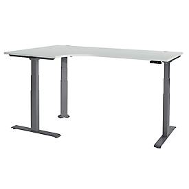 Schäfer Shop Genius Winkelschreibtisch Modena Flex, elektrisch höhenverstellbar, 90° Winkel, T-Fuß, B 2000 mm, lichtgrau/anthrazit