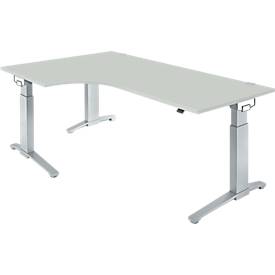 Schäfer Shop Genius Winkelschreibtisch PLANOVA ERGOSTYLE, elektrisch höhenverstellbar, 90° Winkel links, C-Fuß, B 2000 mm, lichtgrau/weißalu