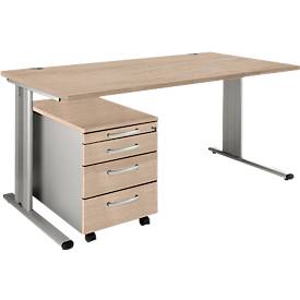 Schäfer Shop Pure 2-tlg. Büromöbel-Set PLANOVA BASIC, Schreibtisch, B 1600 mm, Eiche/weißalu, mit Kabelkanal + Rollcontainer 1233