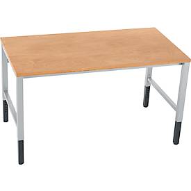 Schäfer Shop Pure Arbeitstisch AST31, manuell höhenverstellbar, Multiplex-Platte, 4-Fuß, bis 500 kg, B 1500 x T 800 x H 805-1035 mm, weißaluminium/Buche