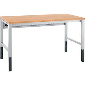 Schäfer Shop Pure Arbeitstisch AST31, manuell höhenverstellbar, Multiplex-Platte, 4-Fuß, bis 500 kg, B 1500 x T 800 x H 805-1035 mm, weißaluminium/Buche