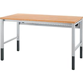 Schäfer Shop Pure Arbeitstisch AST31, manuell höhenverstellbar, Multiplex-Platte, 4-Fuß, bis 500 kg, B 1500 x T 800 x H 805-1035 mm, weißaluminium/Buche