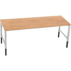 Schäfer Shop Pure Arbeitstisch AST31, manuell höhenverstellbar, Multiplex-Platte, 4-Fuß, bis 500 kg, B 2000 x T 800 x H 805-1035 mm, weißaluminium/Buche