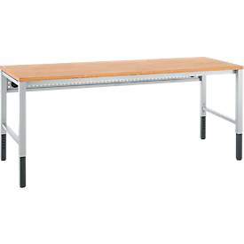 Schäfer Shop Pure Arbeitstisch AST31, manuell höhenverstellbar, Multiplex-Platte, 4-Fuß, bis 500 kg, B 2000 x T 800 x H 805-1035 mm, weißaluminium/Buche