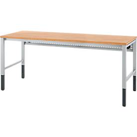 Schäfer Shop Pure Arbeitstisch AST31, manuell höhenverstellbar, Multiplex-Platte, 4-Fuß, bis 500 kg, B 2000 x T 800 x H 805-1035 mm, weißaluminium/Buche
