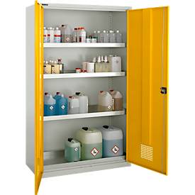 Schäfer Shop Pure chemicaliënkast, scharnierende deuren met cilinderslot, voorzijde goudgeel, B 1200 x D 500 x H 1950 mm, 4 x 23 l lekbakken