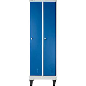 Schäfer Shop Pure Clothes Locker, 2 compartments with hat shelf/wardrobe rail/clothes hook, feet, twist lock, W 600 x D 500 x H 1850 mm, sheet steel, light grey/enz. blue