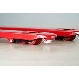 Schäfer Shop Pure Gabelhubwagen 2 t, PU-Tandemrollen, Hub 85–200 mm, rot/schwarz, GRATIS Plattformwagen AM80