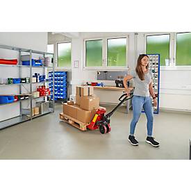 Schäfer Shop Pure Gabelhubwagen 2 t, PU-Tandemrollen, Hub 85–200 mm, rot/schwarz, GRATIS Plattformwagen AM80