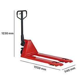 Schäfer Shop Pure Gabelhubwagen 2 t, PU-Tandemrollen, Hub 85–200 mm, rot/schwarz, GRATIS Plattformwagen AM80