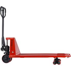 Schäfer Shop Pure Gabelhubwagen, manueller Hubantrieb, Tragkraft bis 2000 kg, Lenk- & Gabelrollen, L 1550 x B 540 x H 1230 mm, rot