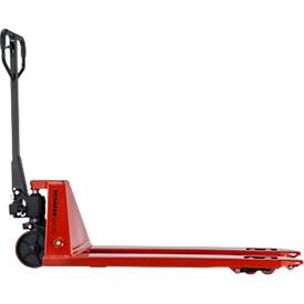 Schäfer Shop Pure Gabelhubwagen, manueller Hubantrieb, Tragkraft bis 2000 kg, Lenk- & Gabelrollen, L 1550 x B 540 x H 1230 mm, rot