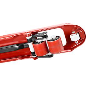 Schäfer Shop Pure Gabelhubwagen, manueller Hubantrieb, Tragkraft bis 2500 kg, Lenk- & Gabelrollen, L 1550 x B 540 x H 1200 mm, rot