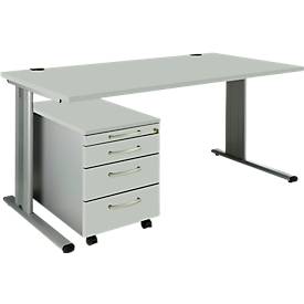 Schäfer Shop Pure Juego de muebles de oficina de 2 piezas PLANOVA BASIC, escritorio, ancho 1600 mm, aluminio gris claro/blanco, con canal para cables + cajonera móvil 1233