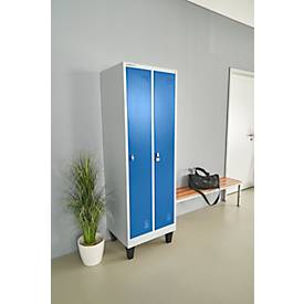 Schäfer Shop Pure Kleiderspind, 2 Abteile mit Hutboden/Kleiderstange/Kleiderhaken, Füße, Drehriegelverschluss, B 600 x T 500 x H 1850 mm, Stahlblech, lichtgrau/enz.blau