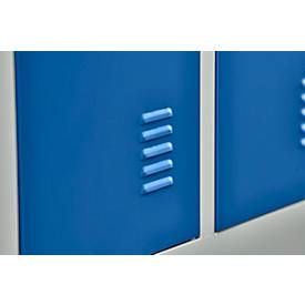 Schäfer Shop Pure Kleiderspind, 2 Abteile mit Hutboden/Kleiderstange/Kleiderhaken, Füße, Drehriegelverschluss, B 600 x T 500 x H 1850 mm, Stahlblech, lichtgrau/enz.blau