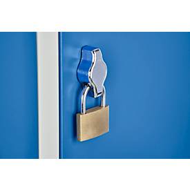 Schäfer Shop Pure Kleiderspind, 2 Abteile mit Hutboden/Kleiderstange/Kleiderhaken, Füße, Drehriegelverschluss, B 600 x T 500 x H 1850 mm, Stahlblech, lichtgrau/enz.blau