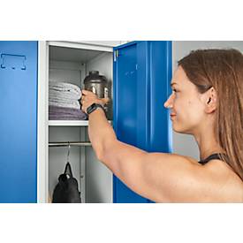 Schäfer Shop Pure Kleiderspind, 2 Abteile mit Hutboden/Kleiderstange/Kleiderhaken, Füße, Drehriegelverschluss, B 600 x T 500 x H 1850 mm, Stahlblech, lichtgrau/enz.blau