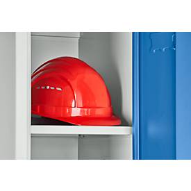 Schäfer Shop Pure Kleiderspind, 2 Abteile mit Hutboden/Kleiderstange/Kleiderhaken, Füße, Drehriegelverschluss, B 600 x T 500 x H 1850 mm, Stahlblech, lichtgrau/enz.blau