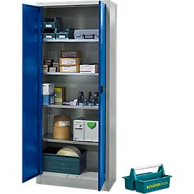 Schäfer Shop Pure Materialschrank, abschließbar, 4 Böden, B 800 x T 400 x H 1935 mm, Stahl, lichtgrau/enzianblau + gratis Tragekasten Carry 