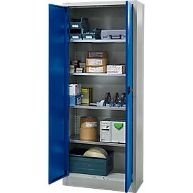Schäfer Shop Pure Materialschrank, abschließbar, 4 Böden, B 800 x T 400 x H 1935 mm, Stahl, lichtgrau/enzianblau