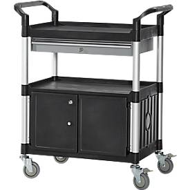 Schäfer Shop Pure Mehrzweckwagen, schwarz, Aluminium/Kunststoff, mit Schublade und Schrank, 4 Vollgummi-Lenkrollen, L 850 x B 480 x H 1000 mm