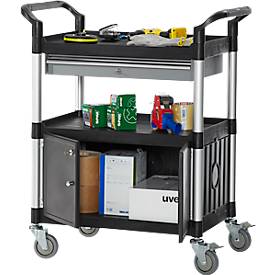Schäfer Shop Pure Mehrzweckwagen, schwarz, Aluminium/Kunststoff, mit Schublade und Schrank, 4 Vollgummi-Lenkrollen, L 850 x B 480 x H 1000 mm