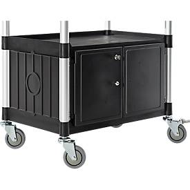 Schäfer Shop Pure Mehrzweckwagen, schwarz, Aluminium/Kunststoff, mit Schublade und Schrank, 4 Vollgummi-Lenkrollen, L 850 x B 480 x H 1000 mm