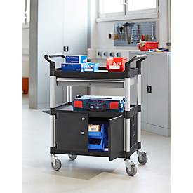 Schäfer Shop Pure Mehrzweckwagen, schwarz, Aluminium/Kunststoff, mit Schublade und Schrank, 4 Vollgummi-Lenkrollen, L 850 x B 480 x H 1000 mm