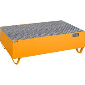 Schäfer Shop Pure opvangbak, met verzinkt rooster, voor 2 vaten à 200 l, B 1200 x D 800 x H 360 mm, onderrijdbaar met heftruck, staal, RAL 2000 oranje
