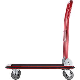 Schäfer Shop Pure Plattformwagen, klappbarer Schiebebügel, Antirutsch-Belag, Lenk- & Bockrollen, bis 150 kg, L 725 x B 475 x H 835 mm, rot-schwarz