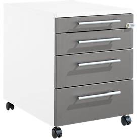 Schäfer Shop Pure Rollcontainer 1233, Utensilienauszug + 3 Schubladen, abschließbar, eckige Metallgriffe, B 434 x T 600 x H 570 mm, weiß/anthrazit