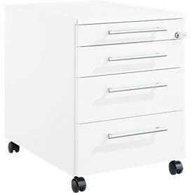 Schäfer Shop Pure Rollcontainer 1233, Utensilienauszug + 3 Schubladen, abschließbar, eckige Metallgriffe, B 434 x T 600 x H 570 mm, weiß/weiß