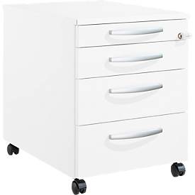 Schäfer Shop Pure Rollcontainer 1233, Utensilienauszug + 3 Schubladen, abschließbar, runde Metallgriffe, B 434 x T 600 x H 570 mm, weiß