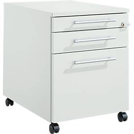 Schäfer Shop Pure Rollcontainer 126, Utensilienauszug + 2 Schubladen, abschließbar, eckige Metallgriffe, B 434 x T 600 x H 570 mm, lichtgrau/lichtgrau