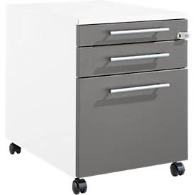 Schäfer Shop Pure Rollcontainer 126, Utensilienauszug + 2 Schubladen, abschließbar, eckige Metallgriffe, B 434 x T 600 x H 570 mm, weiß/anthrazit