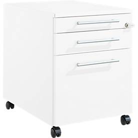 Schäfer Shop Pure Rollcontainer 126, Utensilienauszug + 2 Schubladen, abschließbar, eckige Metallgriffe, B 434 x T 600 x H 570 mm, weiß/weiß