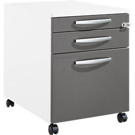 Schäfer Shop Pure Rollcontainer 126, Utensilienauszug + 2 Schubladen, abschließbar, runde Metallgriffe, B 434 x T 600 x H 570 mm, weiß/anthrazit