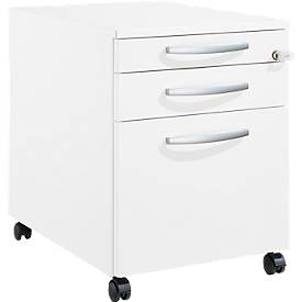 Schäfer Shop Pure Rollcontainer 126, Utensilienauszug + 2 Schubladen, abschließbar, runde Metallgriffe, B 434 x T 600 x H 570 mm, weiß