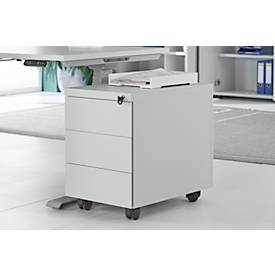 Schäfer Shop Pure Rollcontainer, 3 Schübe, seitliche Griffnut, B 390 x T 590 x H 550 mm, Stahl lichtgrau, abschließbar