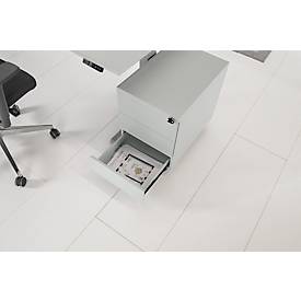 Schäfer Shop Pure Rollcontainer, 3 Schübe, seitliche Griffnut, B 390 x T 590 x H 550 mm, Stahl lichtgrau, abschließbar