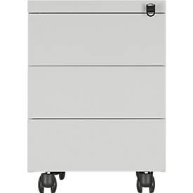 Schäfer Shop Pure Rollcontainer, 3 Schübe, seitliche Griffnut, B 390 x T 590 x H 550 mm, Stahl lichtgrau, abschließbar