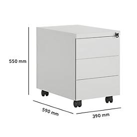 Schäfer Shop Pure Rollcontainer, 3 Schübe, seitliche Griffnut, B 390 x T 590 x H 550 mm, Stahl lichtgrau, abschließbar