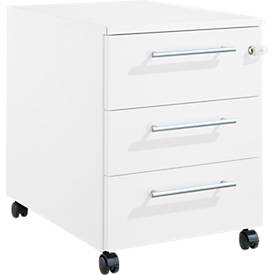 Schäfer Shop Pure Rollcontainer 333, 3 Schubladen, eckige Metallgriffe, abschließbar, B 434 x T 600 x H 570 mm, weiß/weiß