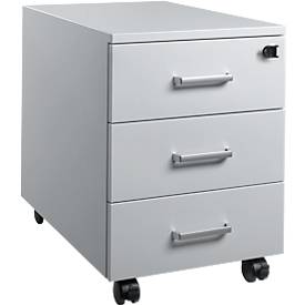 Schäfer Shop Pure Rollcontainer 333, 3 Schübe, abschliessbar, Metallgriffe, Feinblech pulverbeschichtet, B 420 x T 600 x H 570 mm, lichtgrau