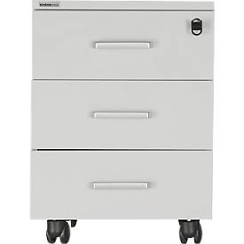 Schäfer Shop Pure Rollcontainer 333, 3 Schübe, abschließbar, Metallgriffe, Feinblech pulverbeschichtet, B 420 x T 600 x H 570 mm, lichtgrau