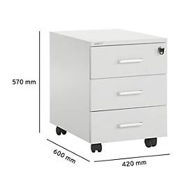 Schäfer Shop Pure Rollcontainer 333, 3 Schübe, abschließbar, Metallgriffe, Feinblech pulverbeschichtet, B 420 x T 600 x H 570 mm, lichtgrau