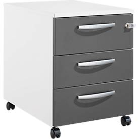 Schäfer Shop Pure Rollcontainer 333, Stahlkorpus, 3 Schubladen, runde Metallgriffe, abschließbar, B 434 x T 600 x H 570 mm, weiß/anthrazit